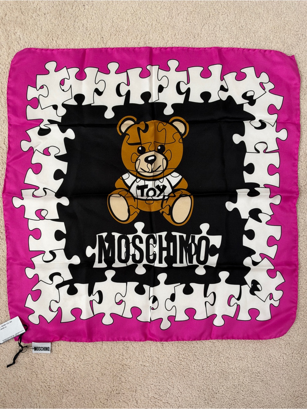 Moschino 100% Silk Teddy Bear Puzzle-Print Foulard Scarf